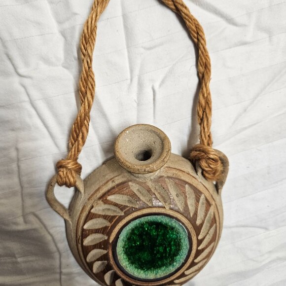 Wall Pocket Canteen Vase Stoneware w/Crackle Glass Art Pottery Hanging Decor - Picture 12 of 12
